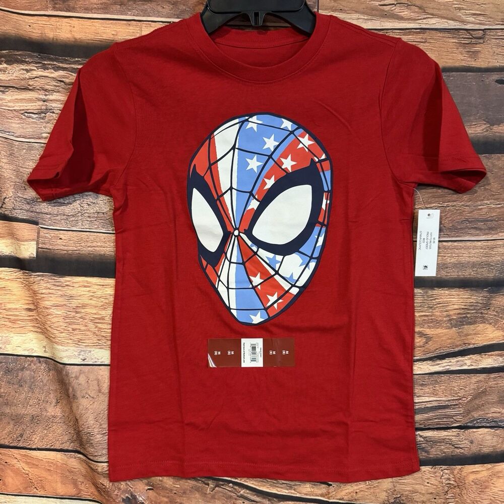 Marvel Spider-Man Shirt Boys Medium M 8 Red American Flag Mask Graphic Tee NWT